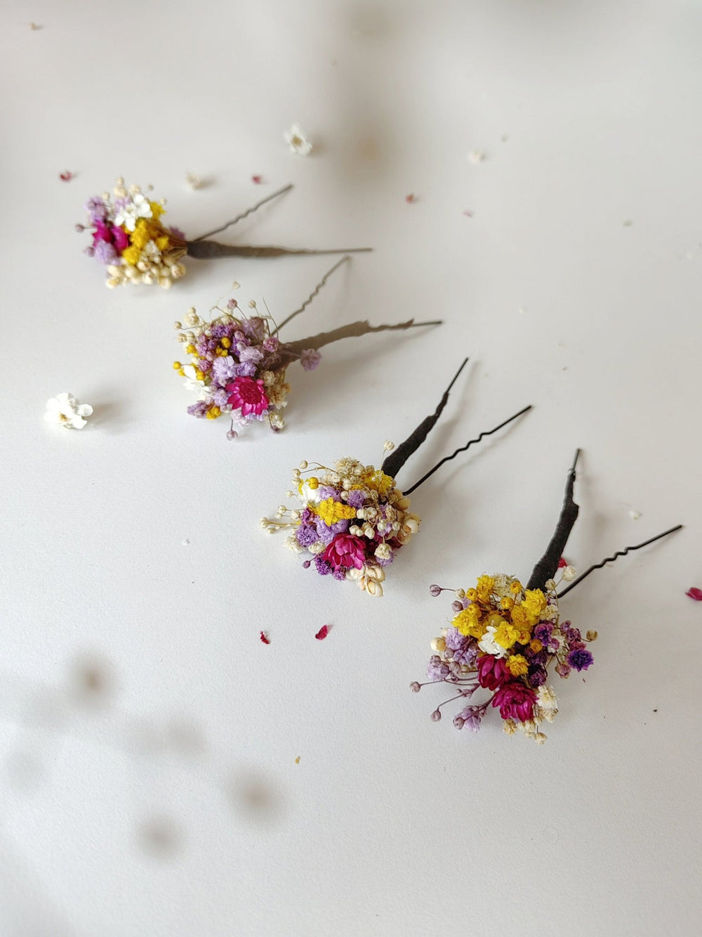 Dried Flower Hairpins: Magenta, Violet & Yellow Bridal Hair Accessories – handmade floral hair accessory by magaela