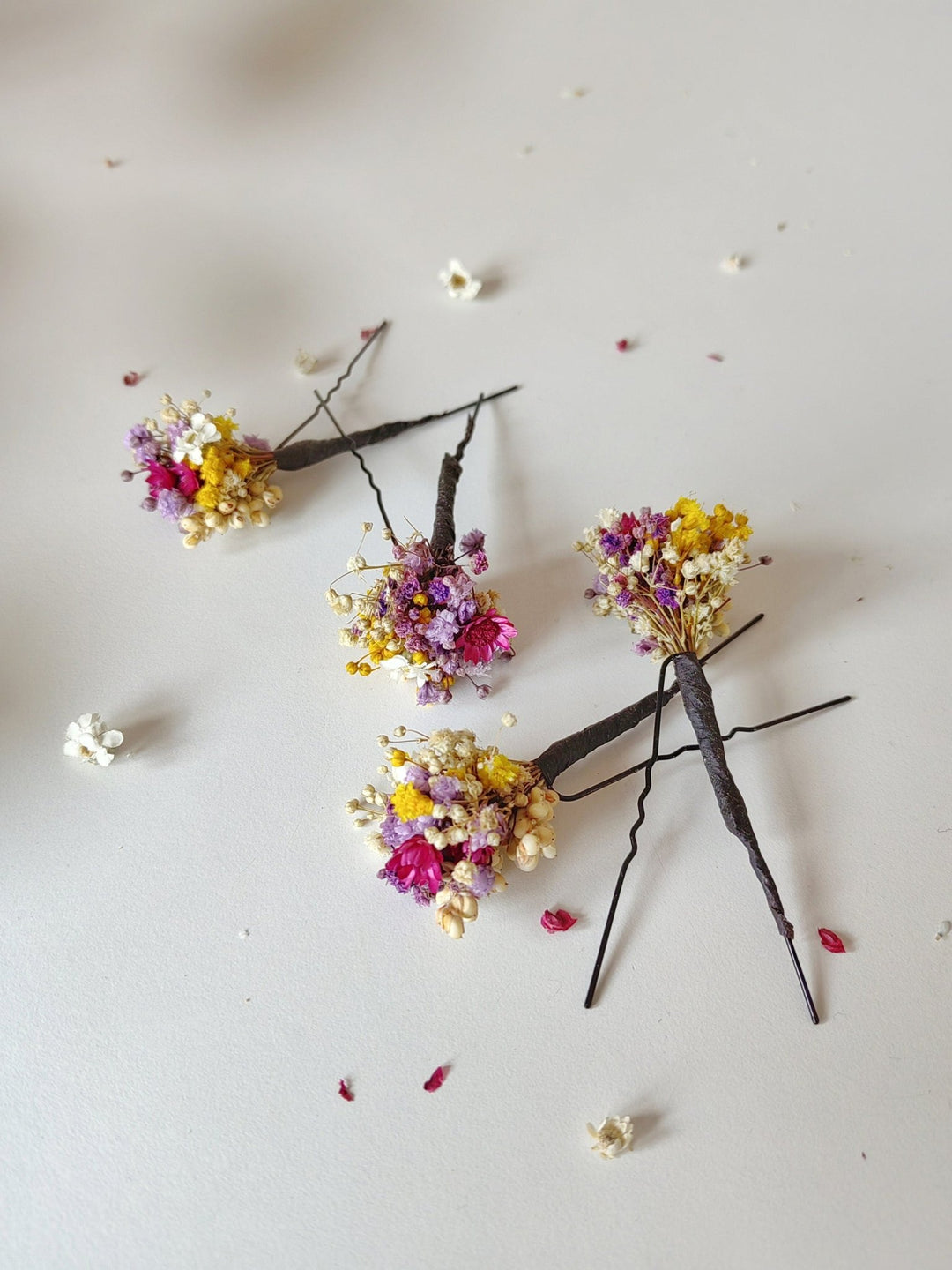 Dried Flower Hairpins: Magenta, Violet & Yellow Bridal Hair Accessories – handmade floral hair accessory by magaela