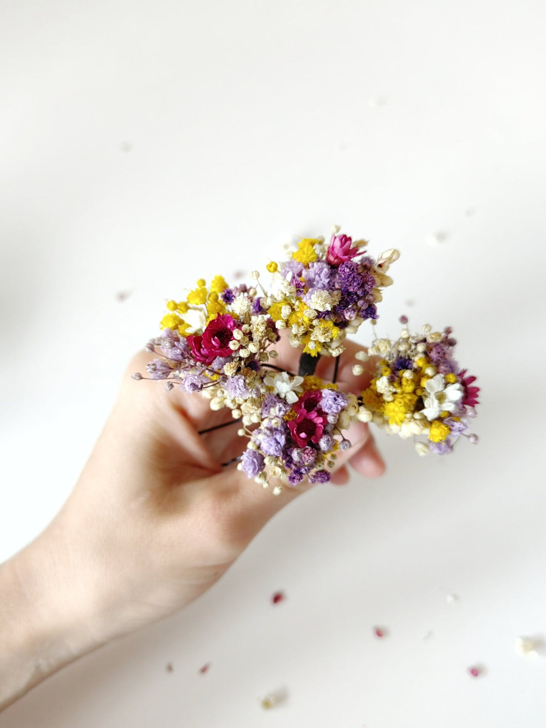 Dried Flower Hairpins: Magenta, Violet & Yellow Bridal Hair Accessories – handmade floral hair accessory by magaela