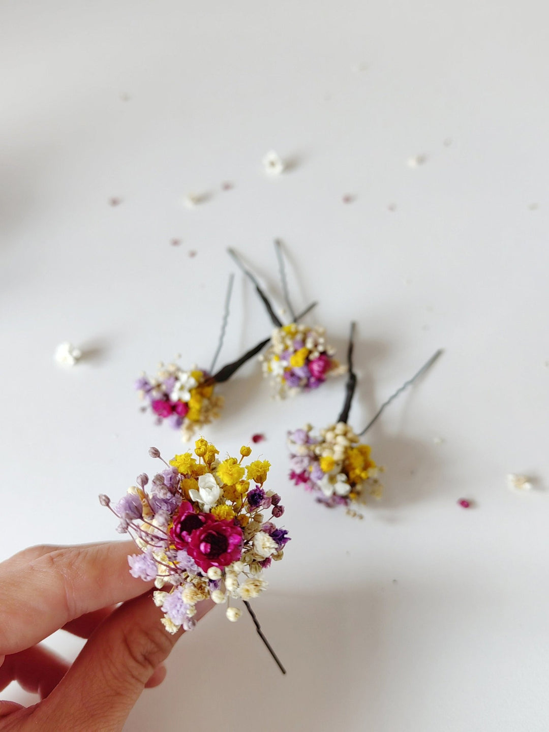 Dried Flower Hairpins: Magenta, Violet & Yellow Bridal Hair Accessories – handmade floral hair accessory by magaela