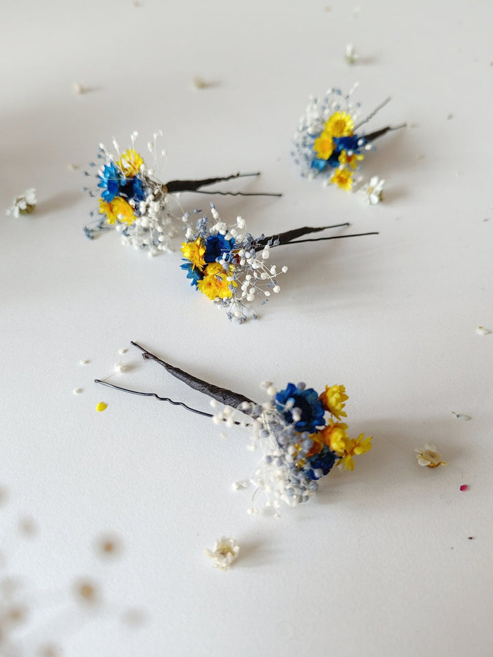 Blue & Yellow Flower Hairpins: Preserved Floral Bridal Hair Accessories – handmade floral hair accessory by magaela