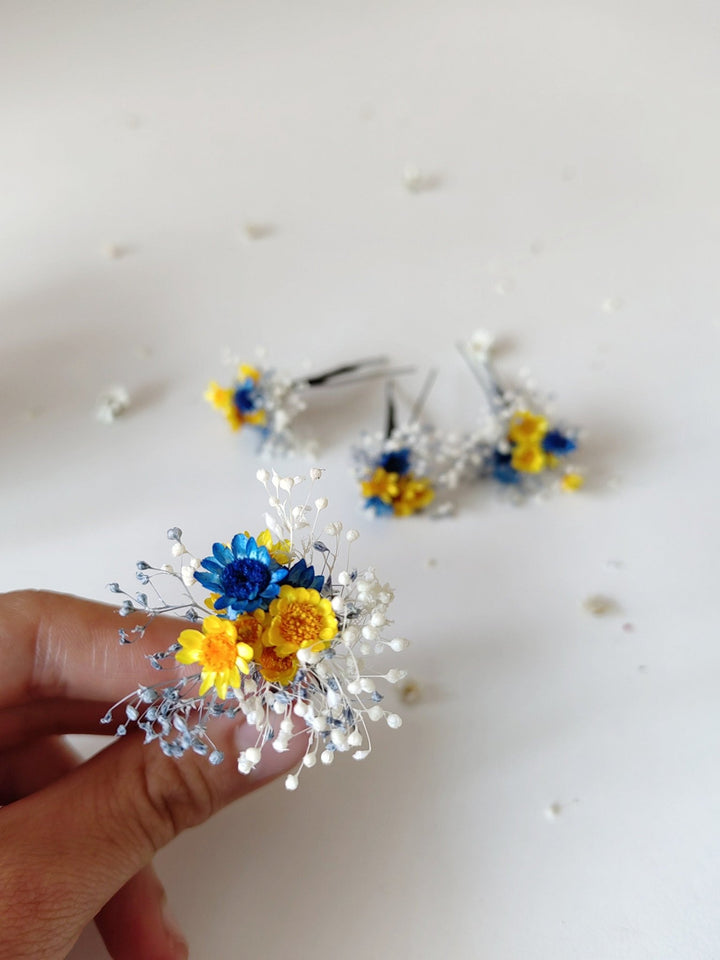 Blue & Yellow Flower Hairpins: Preserved Floral Bridal Hair Accessories – handmade floral hair accessory by magaela