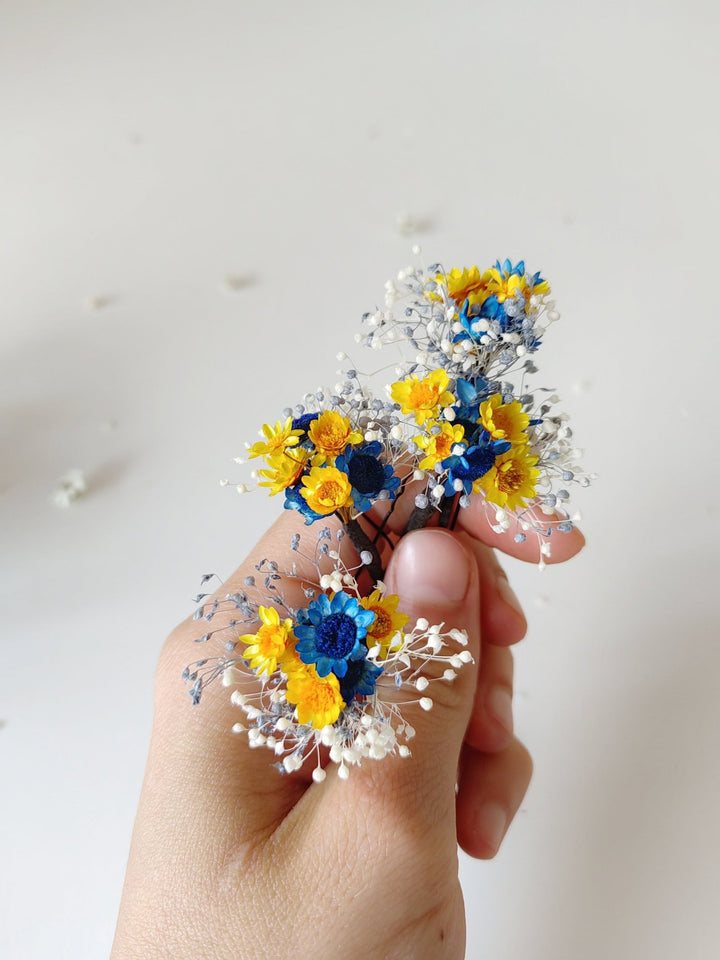 Blue & Yellow Flower Hairpins: Preserved Floral Bridal Hair Accessories – handmade floral hair accessory by magaela