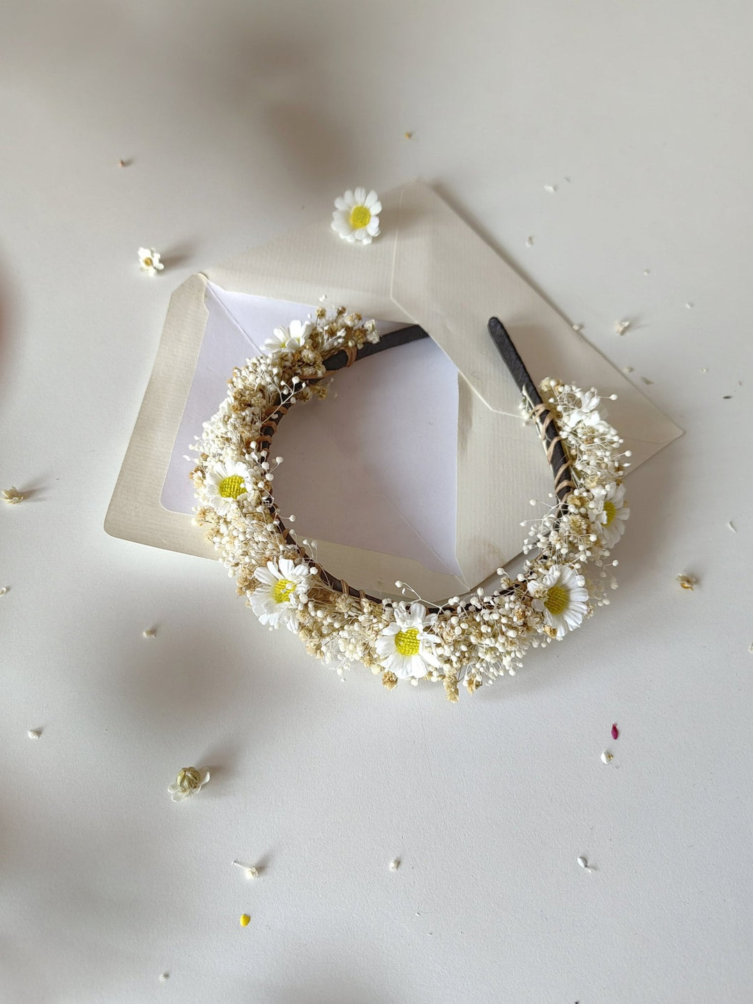 Daisy Wedding Headband: Ivory Flower Crown with Baby's Breath – handmade floral hair accessory by magaela