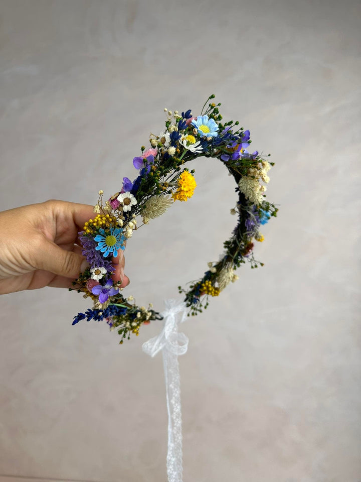 Wildflower Bridal Wreath: Rainbow Meadow Flower Crown – handmade floral hair accessory by magaela