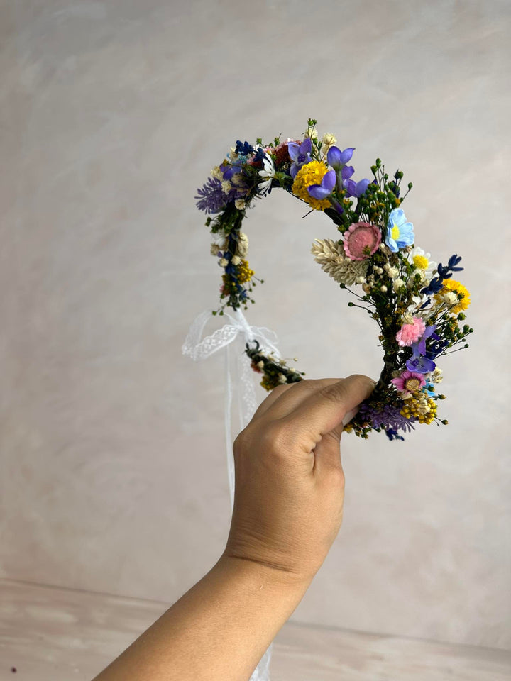 Wildflower Bridal Wreath: Rainbow Meadow Flower Crown – handmade floral hair accessory by magaela