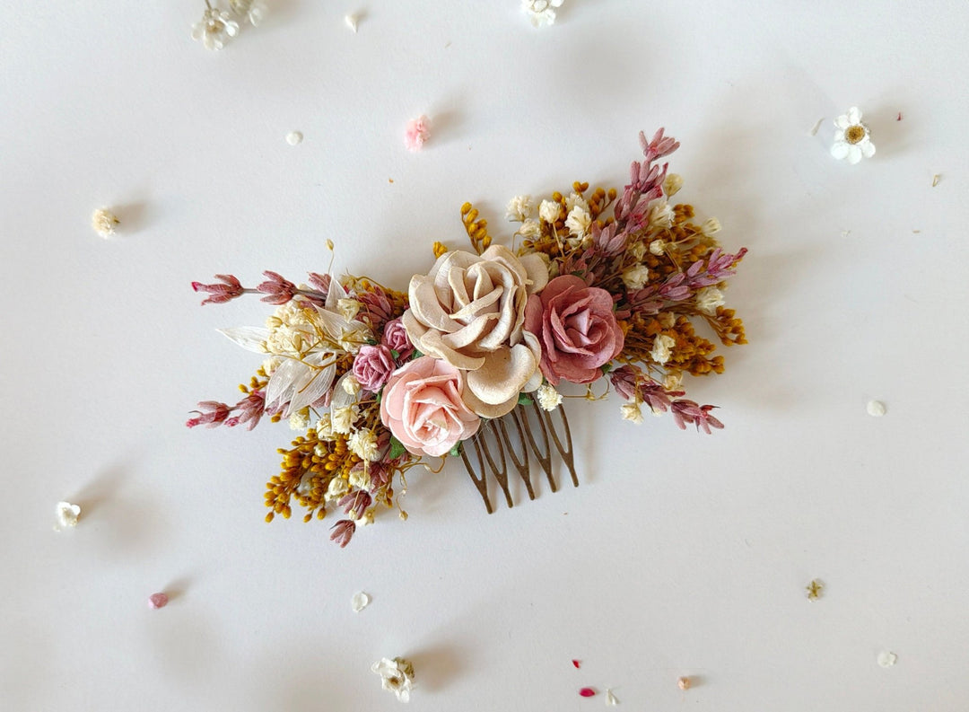 Dusty Pink Rose Hair Comb: Romantic Bridal Flower Comb – handmade floral hair accessory by magaela