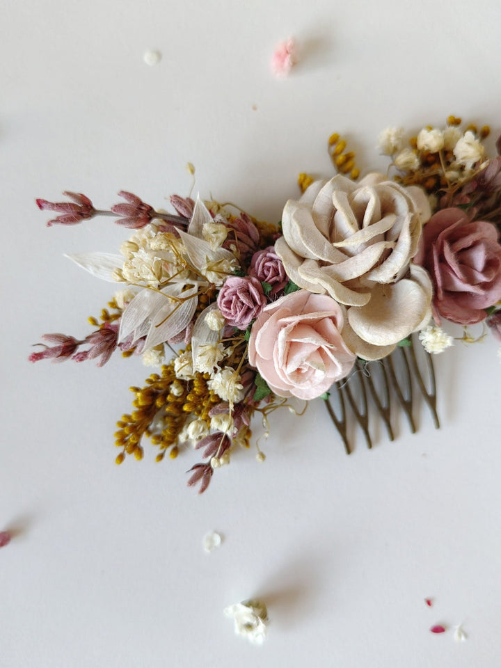 Dusty Pink Rose Hair Comb: Romantic Bridal Flower Comb – handmade floral hair accessory by magaela