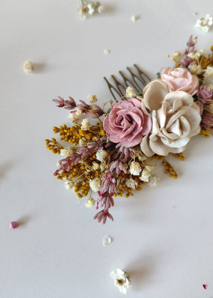 Dusty Pink Rose Hair Comb: Romantic Bridal Flower Comb – handmade floral hair accessory by magaela