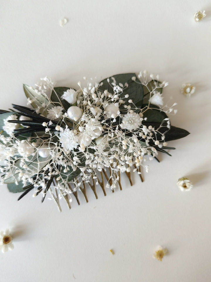 Bridal Flower Hair Comb: Greenery, Pearls, Ivory Wedding Hairpiece – handmade floral hair accessory by magaela