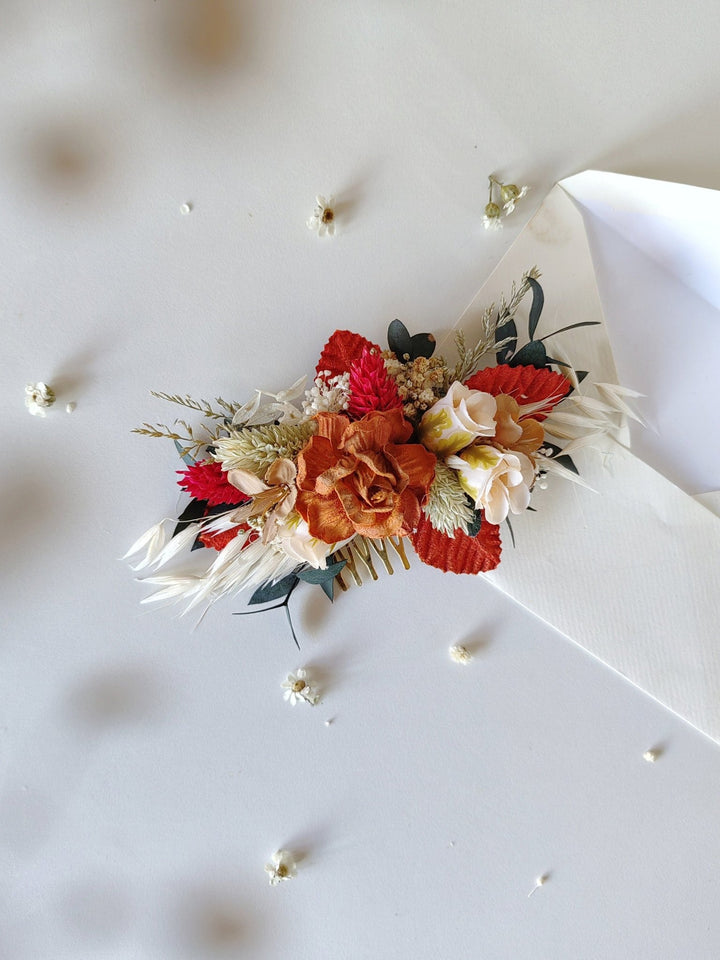 Terracotta Flower Bridal Hair Comb: Cinnamon Rose Boho Wedding – handmade floral hair accessory by magaela