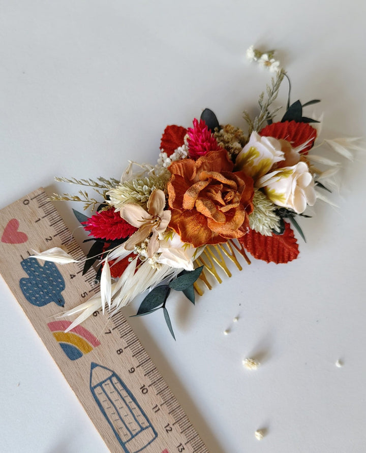 Terracotta Flower Bridal Hair Comb: Cinnamon Rose Boho Wedding – handmade floral hair accessory by magaela