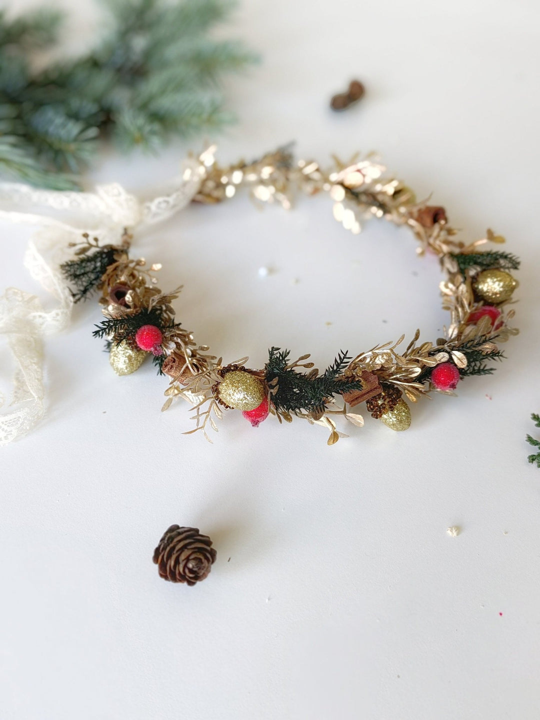 Christmas Hair Crown: Rose Hips, Cinnamon, Winter Wedding Wreath – handmade floral hair accessory by magaela