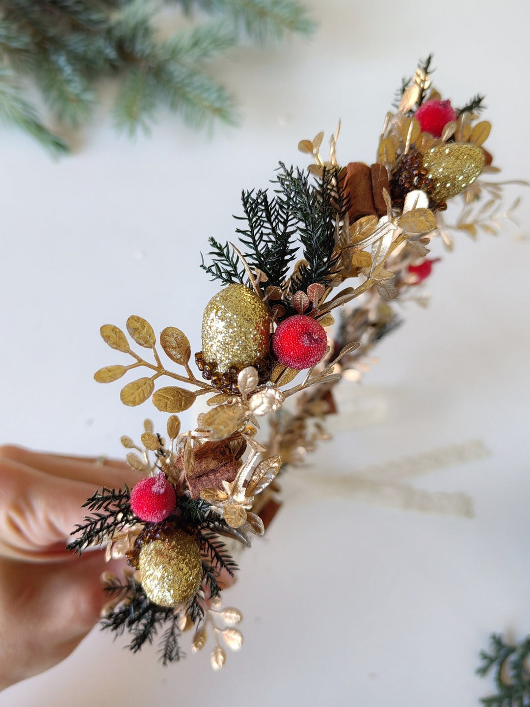 Christmas Hair Crown: Rose Hips, Cinnamon, Winter Wedding Wreath – handmade floral hair accessory by magaela