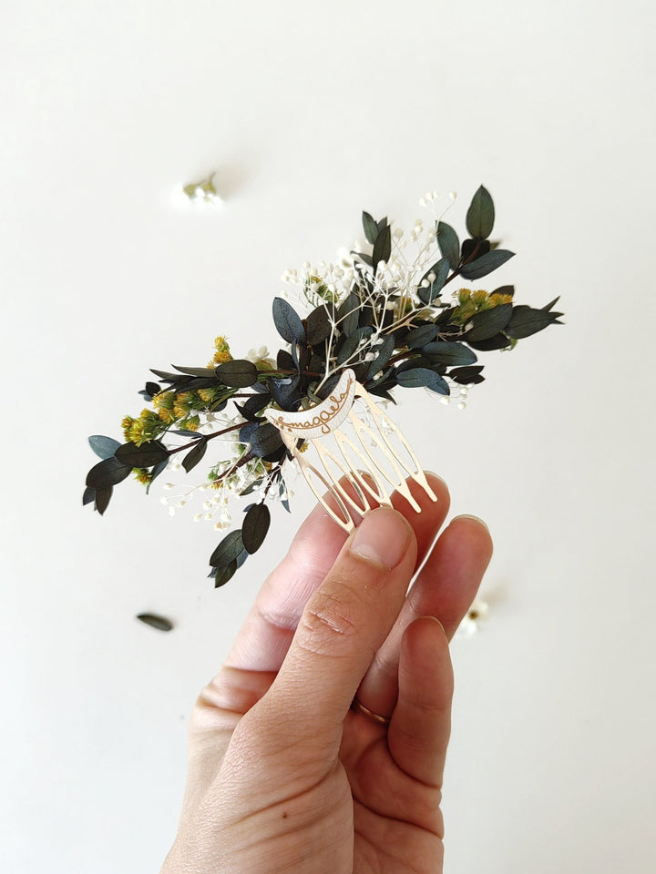 Eucalyptus Flower Hair Comb: Preserved Greenery Bridal Comb – handmade floral hair accessory by magaela