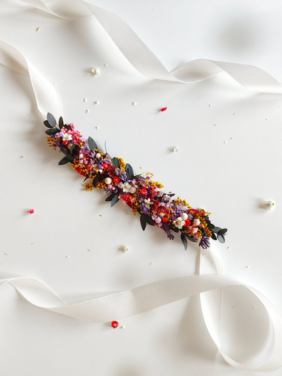 Wildflower Bridal Belt: Preserved Meadow Flowers, Garden Wedding Accessory – handmade floral hair accessory by magaela