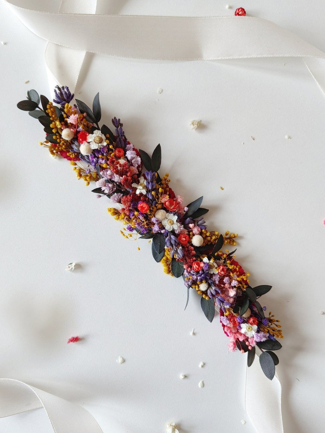 Wildflower Bridal Belt: Preserved Meadow Flowers, Garden Wedding Accessory – handmade floral hair accessory by magaela
