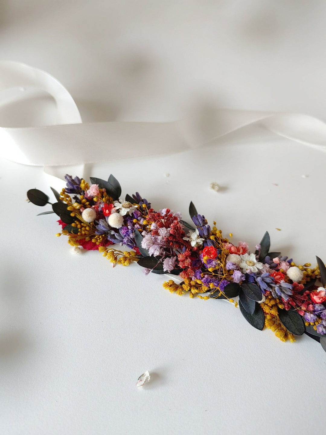 Wildflower Bridal Belt: Preserved Meadow Flowers, Garden Wedding Accessory – handmade floral hair accessory by magaela