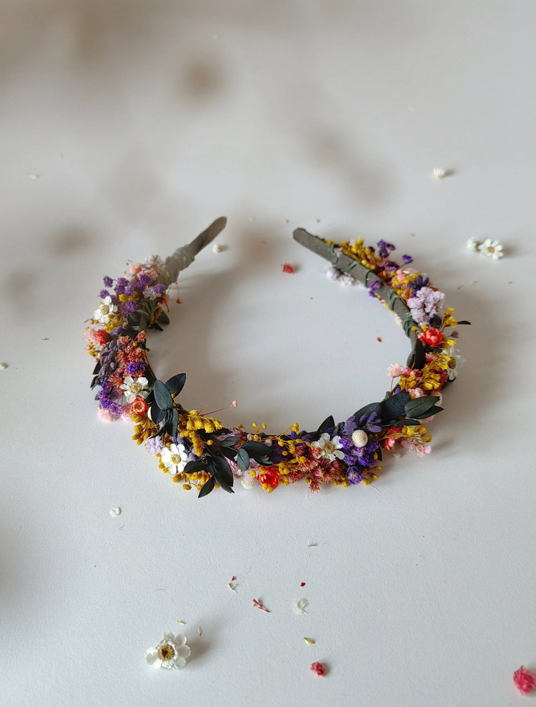 Rustic Preserved Flower Headband: Colorful Meadow Wedding Headpiece – handmade floral hair accessory by magaela