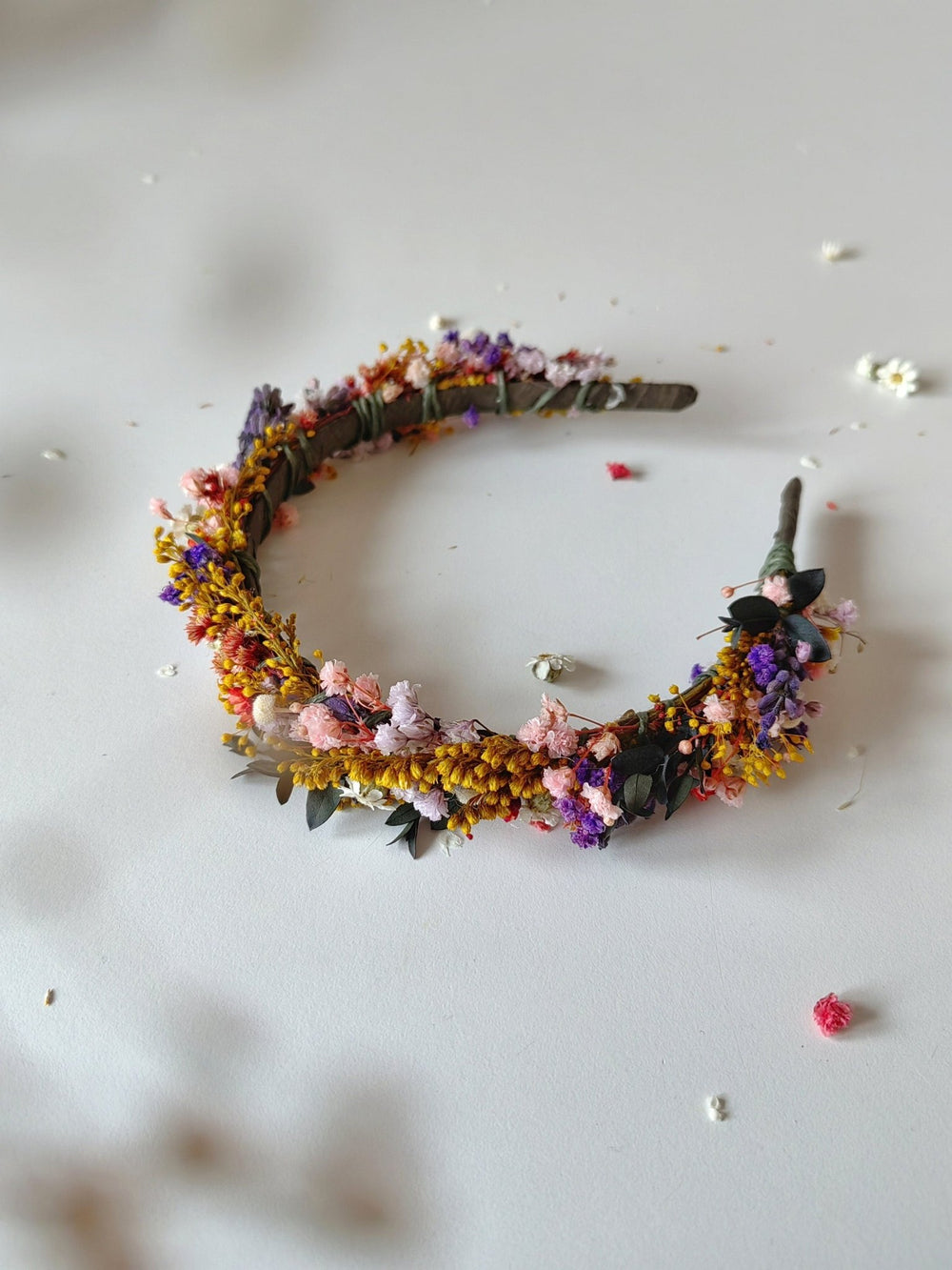 Rustic Preserved Flower Headband: Colorful Meadow Wedding Headpiece – handmade floral hair accessory by magaela