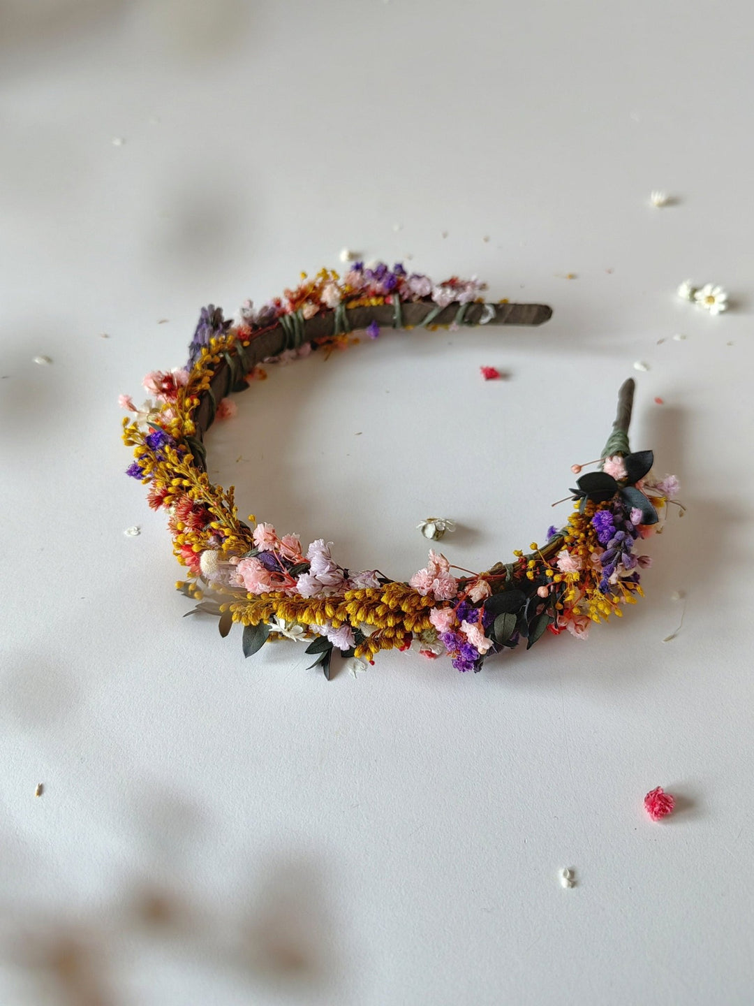 Rustic Preserved Flower Headband: Colorful Meadow Wedding Headpiece – handmade floral hair accessory by magaela