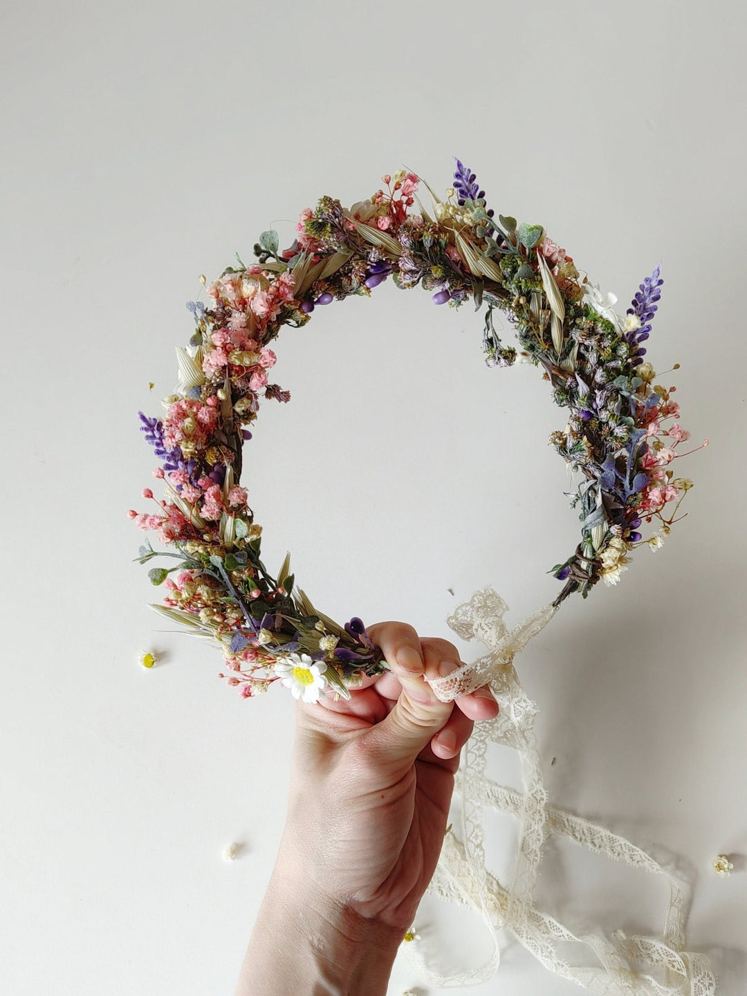Wildflower Bridal Half Wreath: Lavender Daisy Boho Headpiece – handmade floral hair accessory by magaela
