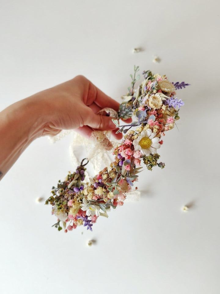 Wildflower Bridal Half Wreath: Lavender Daisy Boho Headpiece – handmade floral hair accessory by magaela