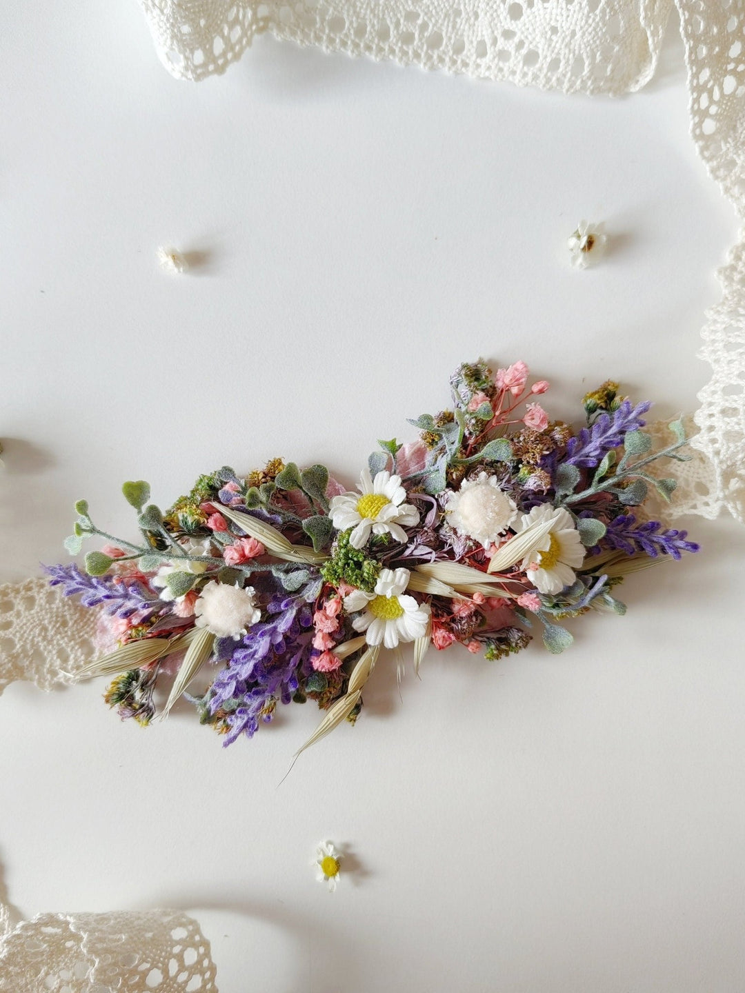 Wildflower Bridal Belt: Daisy Lavender Meadow Flower, Boho Wedding – handmade floral hair accessory by magaela