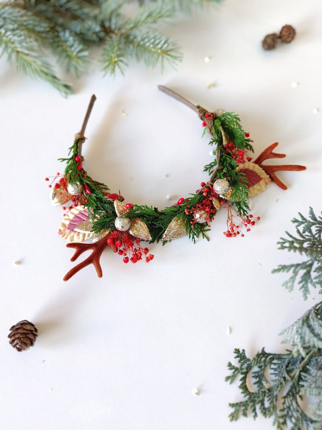 Christmas Flower Antler Headband: Xmas Party Hair Accessory – handmade floral hair accessory by magaela