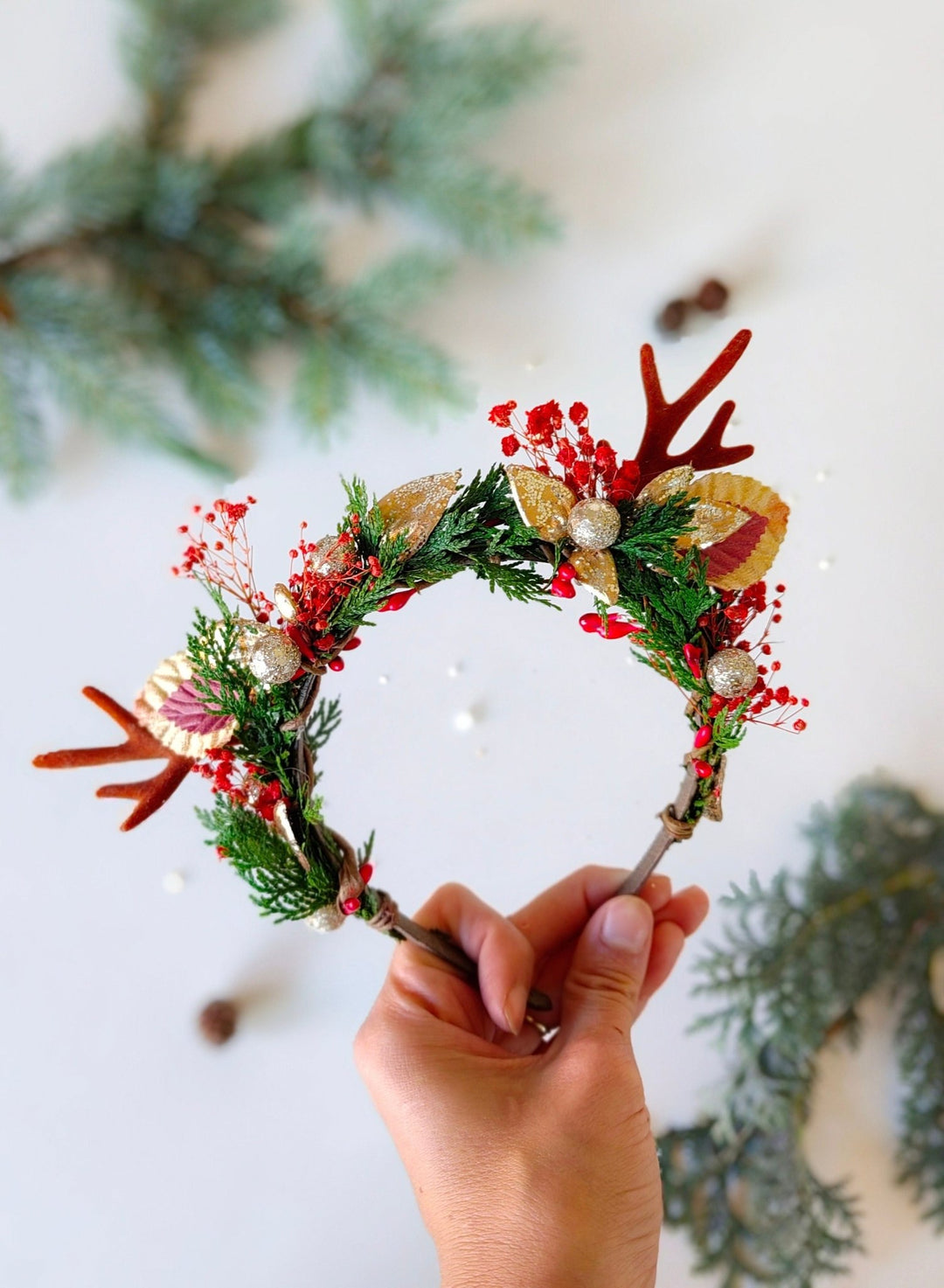 Christmas Flower Antler Headband: Xmas Party Hair Accessory – handmade floral hair accessory by magaela