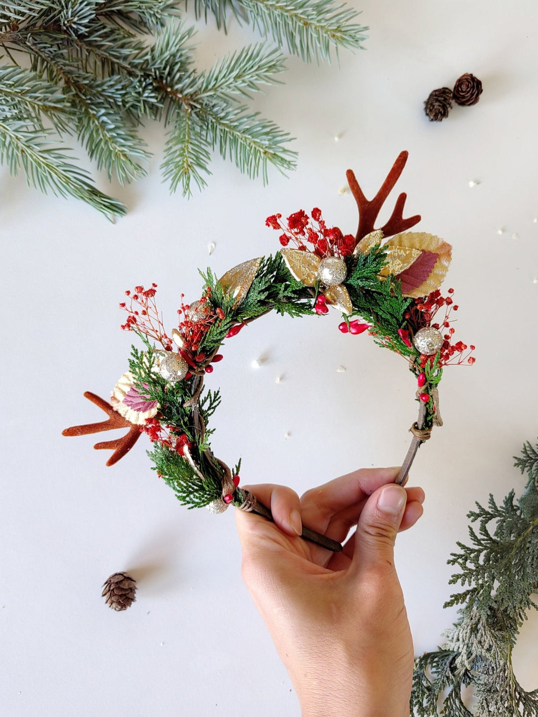 Christmas Flower Antler Headband: Xmas Party Hair Accessory – handmade floral hair accessory by magaela