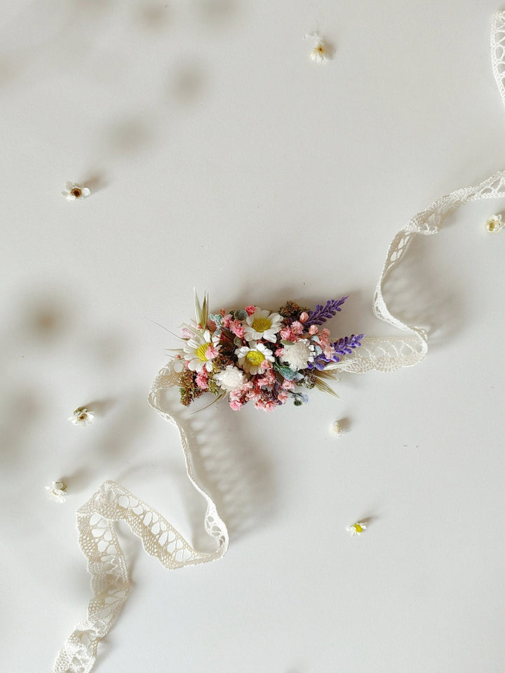 Wildflower Bracelet: Daisy Lavender Wedding Wrist Corsage – handmade floral hair accessory by magaela