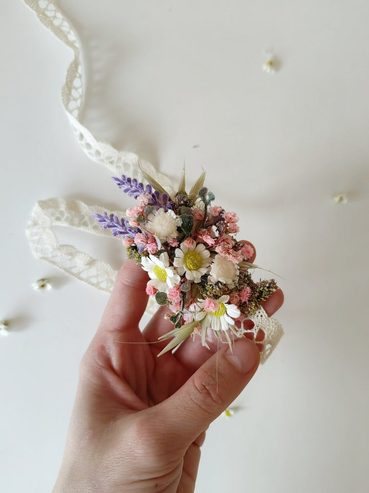 Wildflower Bracelet: Daisy Lavender Wedding Wrist Corsage – handmade floral hair accessory by magaela