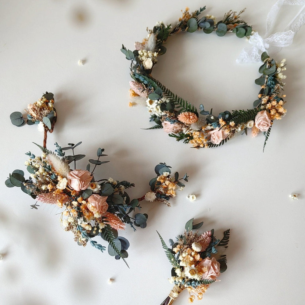 Preserved Flower Wedding Set: Rose Crown, Hair Vine, Boutonniere – handmade floral hair accessory by magaela