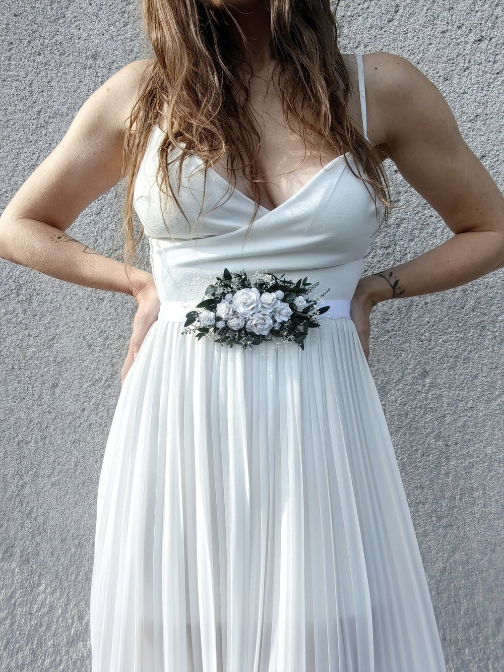 Eucalyptus & White Rose Flower Belt: Greenery Wedding Bridal Belt – handmade floral hair accessory by magaela