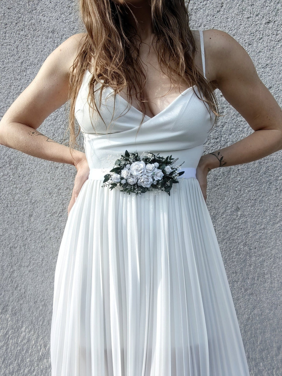 Eucalyptus & White Rose Flower Belt: Greenery Wedding Bridal Belt – handmade floral hair accessory by magaela