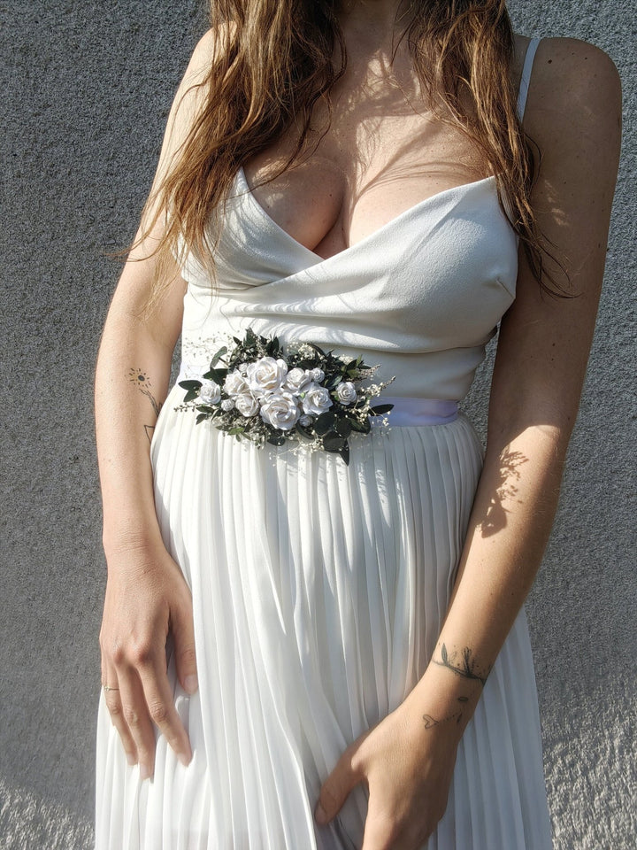 Eucalyptus & White Rose Flower Belt: Greenery Wedding Bridal Belt – handmade floral hair accessory by magaela