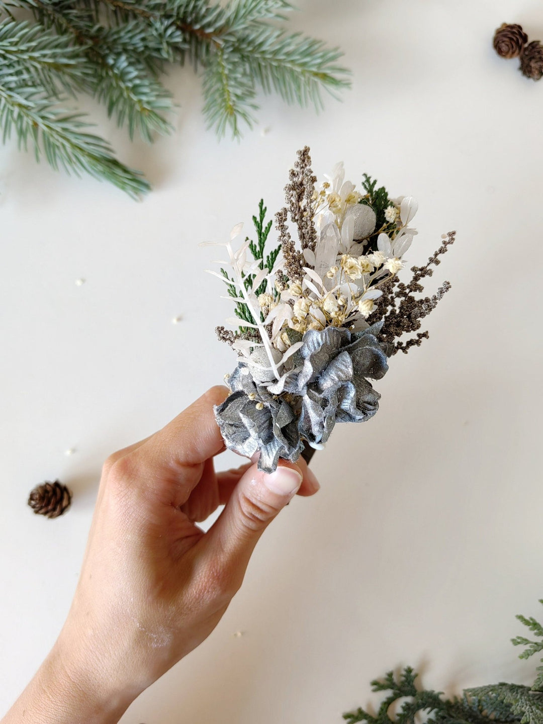 Silver Flower Bridal Headband: Winter Wedding Hair Accessory – handmade floral hair accessory by magaela