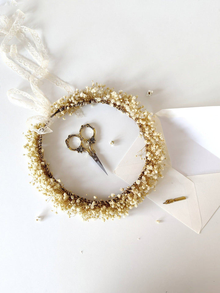 Preserved Baby's Breath Flower Crown: Natural Bridal Hair Wreath – handmade floral hair accessory by magaela