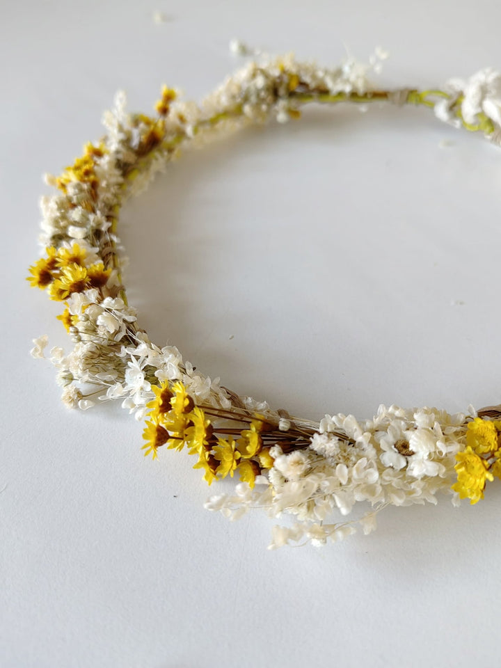 Yellow Ivory Flower Crown: Bridal Dried Floral Headpiece – handmade floral hair accessory by magaela