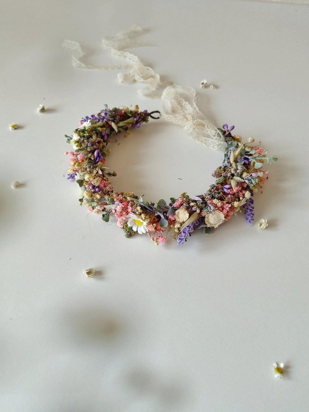Wildflower Bridal Half Wreath: Lavender Daisy Boho Headpiece – handmade floral hair accessory by magaela