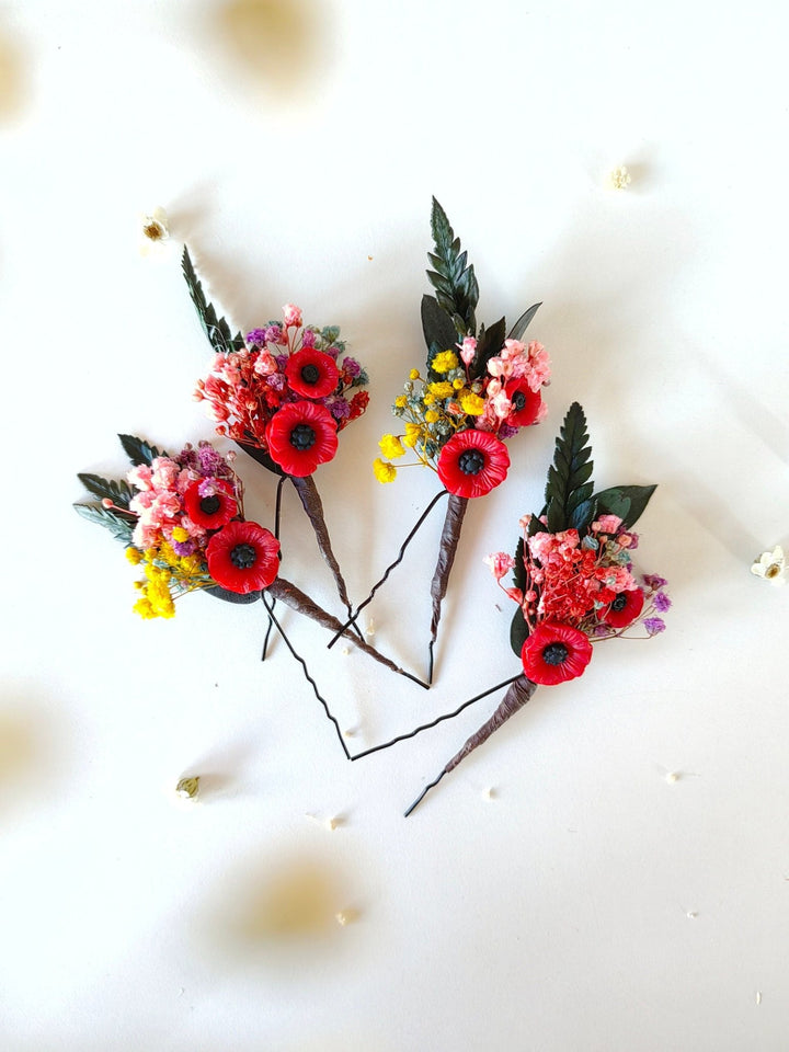 Floral Hair Pins: Folk Meadow Poppy Flower Bridal Hair Accessories – handmade floral hair accessory by magaela