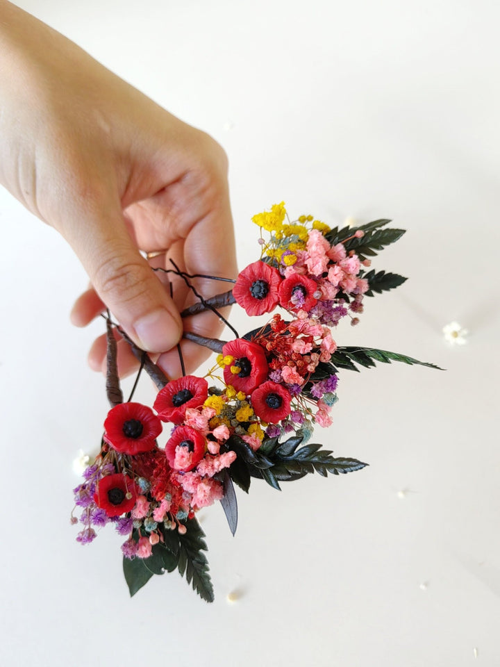 Floral Hair Pins: Folk Meadow Poppy Flower Bridal Hair Accessories – handmade floral hair accessory by magaela