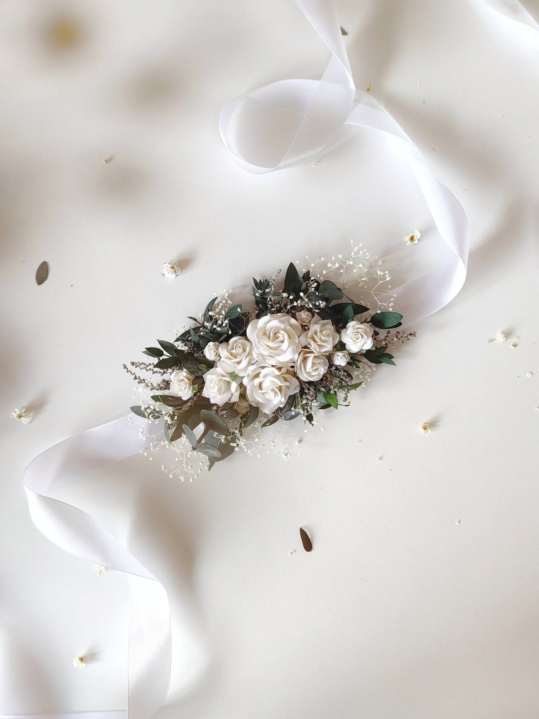 Eucalyptus & White Rose Flower Belt: Greenery Wedding Bridal Belt – handmade floral hair accessory by magaela