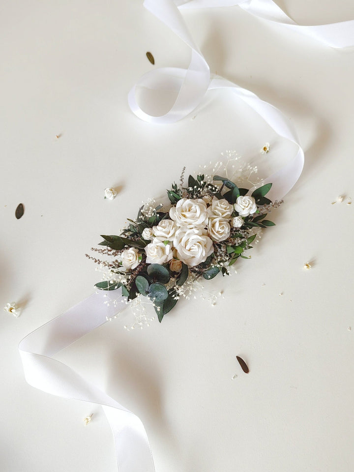 Eucalyptus & White Rose Flower Belt: Greenery Wedding Bridal Belt – handmade floral hair accessory by magaela