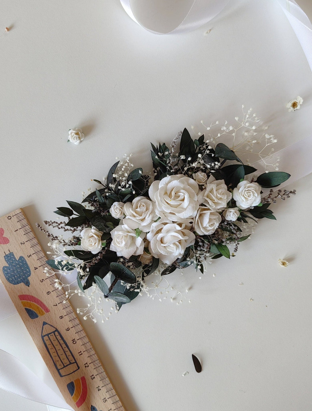 Eucalyptus & White Rose Flower Belt: Greenery Wedding Bridal Belt – handmade floral hair accessory by magaela