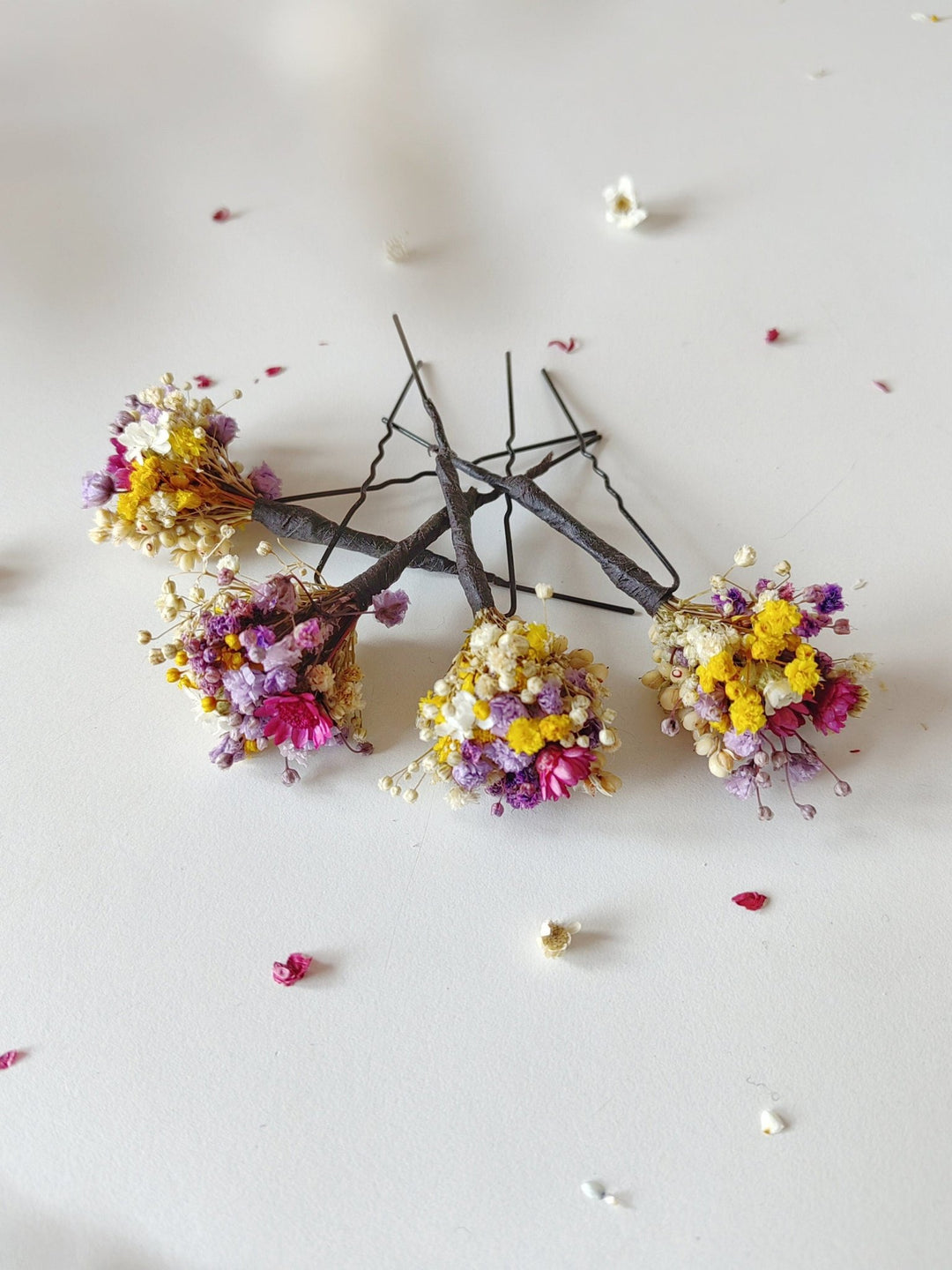 Dried Flower Hairpins: Magenta, Violet & Yellow Bridal Hair Accessories – handmade floral hair accessory by magaela