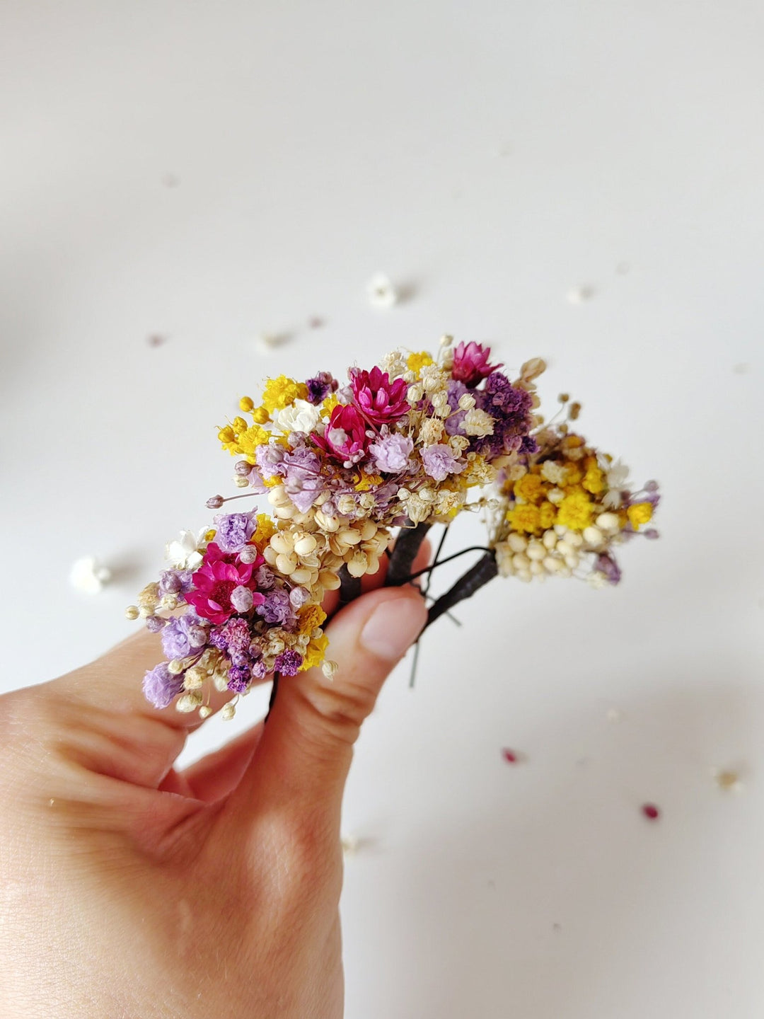 Dried Flower Hairpins: Magenta, Violet & Yellow Bridal Hair Accessories – handmade floral hair accessory by magaela