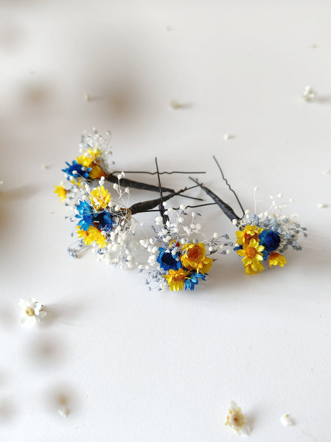 Blue & Yellow Flower Hairpins: Preserved Floral Bridal Hair Accessories – handmade floral hair accessory by magaela