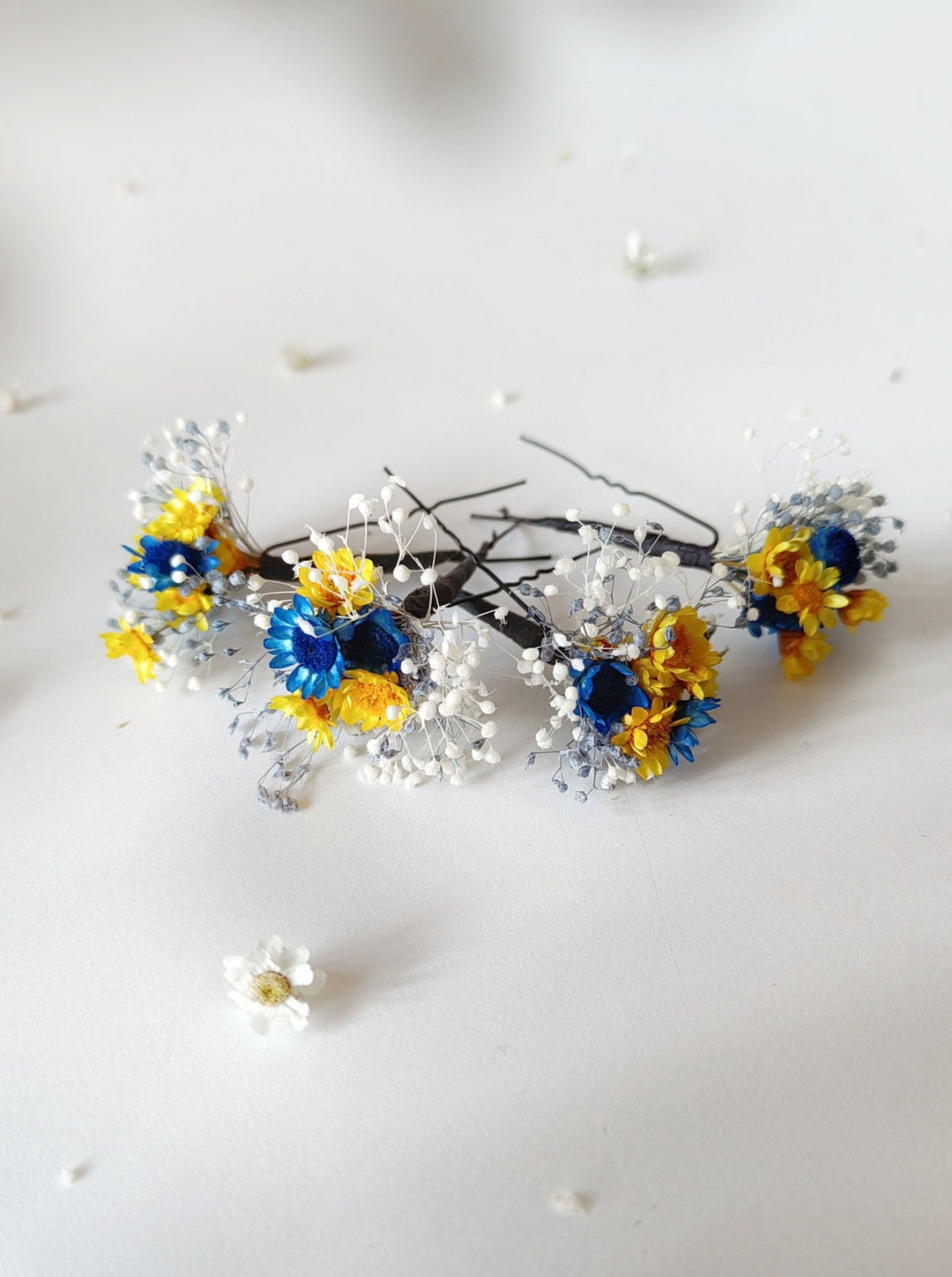 Blue & Yellow Flower Hairpins: Preserved Floral Bridal Hair Accessories – handmade floral hair accessory by magaela